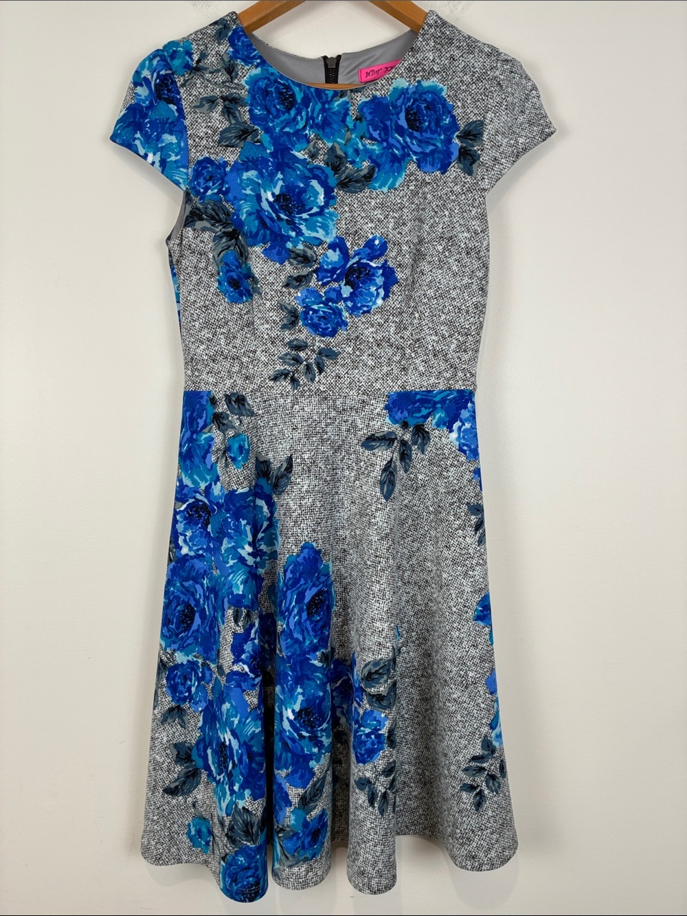 Betsey Johnson Blue Floral Fit-and-Flare Dress Size 2 Short Sleeve Zipper Back